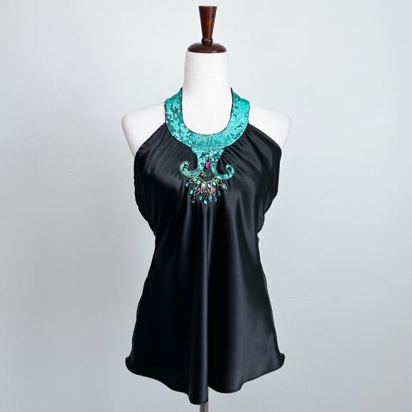 Y2K Charlotte Russe Sequin Beaded Satin Tie-Back Halter Top - Picture 1 of 7